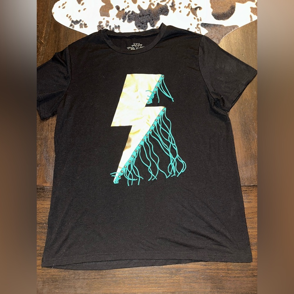 Crazy Train Black Shirt with Gold Lightning Bolt & Fringe Sz. L Struck ‘Em